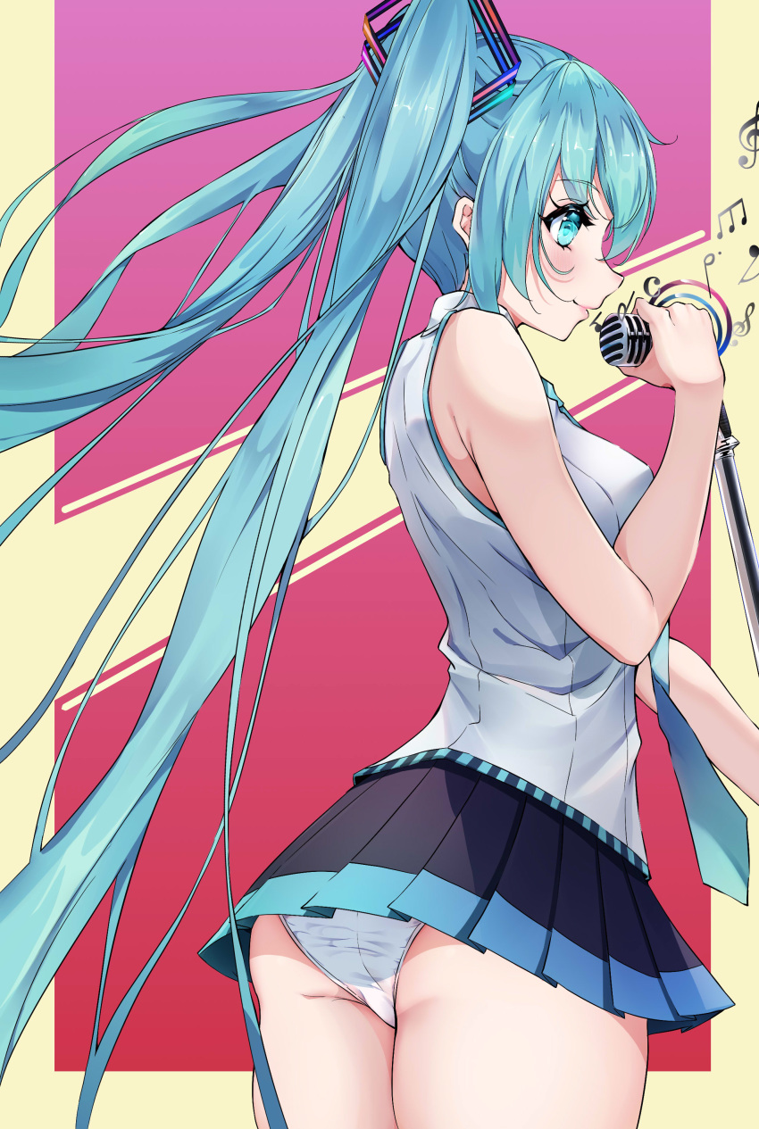 1girl absurdres aqua_eyes aqua_hair black_skirt cowboy_shot cqingwei from_side hatsune_miku highres long_hair microphone microphone_stand necktie panties pleated_skirt shirt skirt sleeveless sleeveless_shirt solo twintails underwear very_long_hair vocaloid white_panties white_shirt