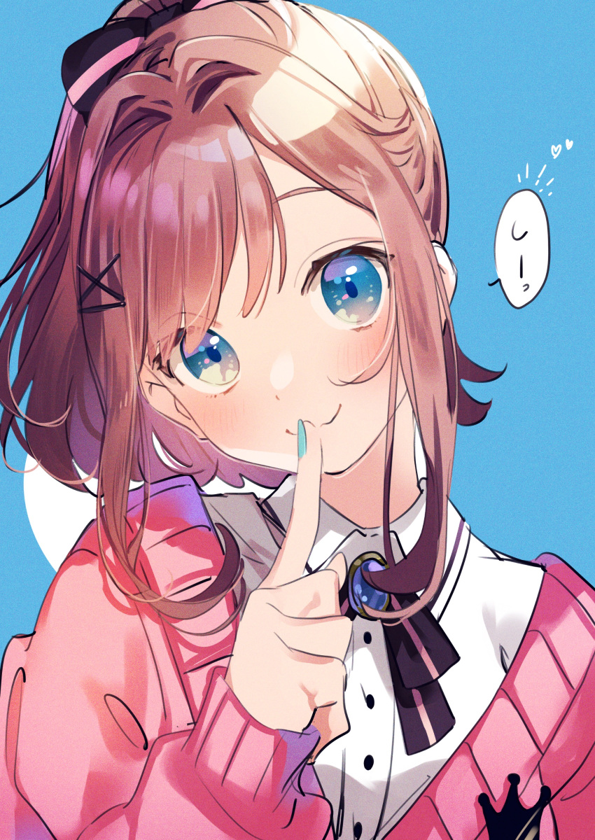 1girl :3 absurdres bangs black_bow blue_eyes blush bow brooch brown_hair finger_to_mouth hair_bow hair_ornament highres index_finger_raised jewelry kuma_daigorou long_sleeves looking_at_viewer medium_hair nijisanji pink_cardigan shirt short_ponytail simple_background solo suzuhara_lulu upper_body virtual_youtuber white_shirt x_hair_ornament