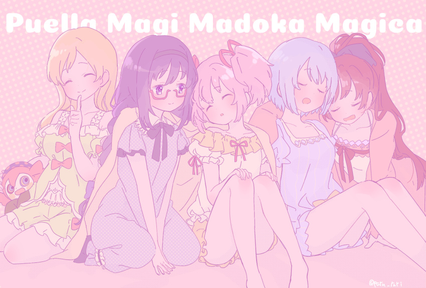 5girls :o ^_^ akemi_homura alternate_costume alternate_hairstyle arm_around_shoulder arm_support babydoll bare_legs bare_shoulders black_hairband black_ribbon blanket blonde_hair blue_hair blue_shirt blue_shorts blush braid breasts charlotte_(madoka_magica) closed_eyes closed_mouth collarbone collared_shirt copyright_name dot_nose eyebrows_visible_through_hair feet_out_of_frame finger_to_mouth flat_chest frills glasses hair_between_eyes hair_down hair_ribbon hairband hands_on_own_knees happy head_on_another's_shoulder high_ponytail highres jacket kaname_madoka knee_blush long_hair looking_at_another mahou_shoujo_madoka_magica medium_breasts miki_sayaka multiple_girls off-shoulder_shirt off_shoulder pajamas parted_lips paru_rari pink_background pink_hair pink_jacket pink_ribbon polka_dot polka_dot_background polka_dot_pajamas ponytail puffy_short_sleeves puffy_sleeves purple_hair purple_pajamas purple_ribbon red-framed_eyewear red_ribbon redhead ribbon sakura_kyouko seiza semi-rimless_eyewear shiny shiny_hair shirt short_hair short_sleeves short_twintails shorts shushing simple_background sitting sleeping sleeping_on_person smile tomoe_mami twintails twitter_username under_covers v_arms violet_eyes witch_(madoka_magica)