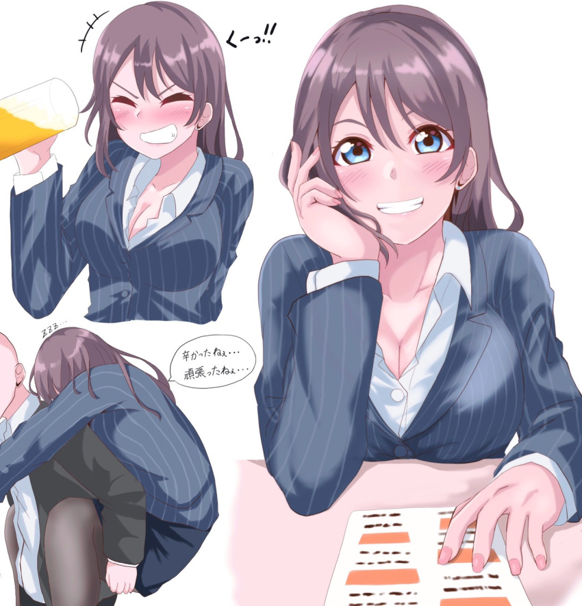 1girl alcohol blazer blue_eyes blush breasts brown_hair carrying closed_eyes collared_shirt commentary_request cup dress_shirt drinking earrings formal grin hair_between_eyes hand_on_own_cheek highres jacket jewelry large_breasts love_live! love_live!_school_idol_project love_live!_sunshine!! office_lady pantyhose paper piggyback pinstripe_suit shirt smile smirk striped suit table watanabe_you white_shirt yotunu_911