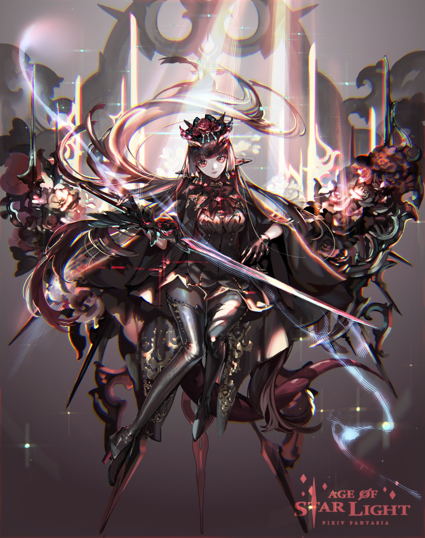 1girl black_cape black_legwear bow cape earrings flower gloves hair_flower hair_ornament highres holding holding_sword holding_weapon jewelry kabi_(kb) long_hair looking_at_viewer pixiv_fantasia pixiv_fantasia_age_of_starlight pointy_ears red_eyes solo sunlight sword thigh-highs weapon