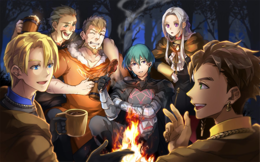 1girl 5boys alois_rangeld armor beard black_gloves blonde_hair blue_eyes blue_hair brown_hair byleth_(fire_emblem) byleth_eisner_(male) cbe39373 claude_von_riegan clenched_teeth closed_mouth cup dimitri_alexandre_blaiddyd earrings eating edelgard_von_hresvelg facial_hair father_and_son fire_emblem fire_emblem:_three_houses from_behind garreg_mach_monastery_uniform gloves green_eyes hair_ribbon holding holding_cup jeralt_reus_eisner jewelry long_hair long_sleeves looking_to_the_side mug multiple_boys mustache one_eye_closed open_mouth purple_hair ribbon short_hair teeth tree uniform white_hair