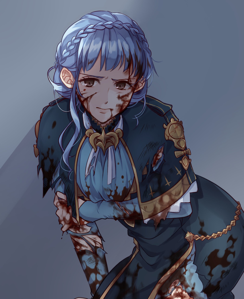 1girl blood blood_on_face bloody_clothes blue_hair braid brown_eyes closed_mouth crown_braid dress fire_emblem fire_emblem:_three_houses highres ikuradon_tabeti injury long_sleeves marianne_von_edmund simple_background solo torn_clothes