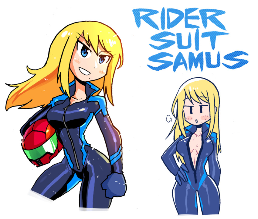 1girl adapted_costume biker_clothes bikesuit blonde_hair blue_bodysuit blue_eyes blush_stickers bodysuit character_name clenched_hands cropped_legs floating_hair halftone hand_on_hip headwear_removed helmet helmet_removed long_hair metroid mole mole_under_mouth multiple_views parted_lips rariatto_(ganguri) samus_aran simple_background smile sweat sweating_profusely white_background