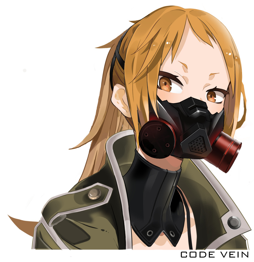 1girl brown_eyes coat code_vein copyright_name gas_mask green_coat highres looking_at_viewer mask masked monone mouth_mask murasame_rin_(code_vein) orange_hair ponytail portrait solo