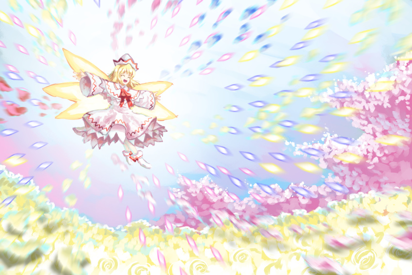 1girl blonde_hair bow capelet cherry_blossoms closed_eyes colorful danmaku dress eyebrows eyebrows_visible_through_hair fairy fairy_wings flower frilled_dress frills full_body happy hat headwear highres lily_white long_sleeves neckwear open_mouth outstretched_arms red_bow red_neckwear short_hair sky solo spell_card sunyup touhou white_capelet white_dress white_footwear wide_sleeves wings