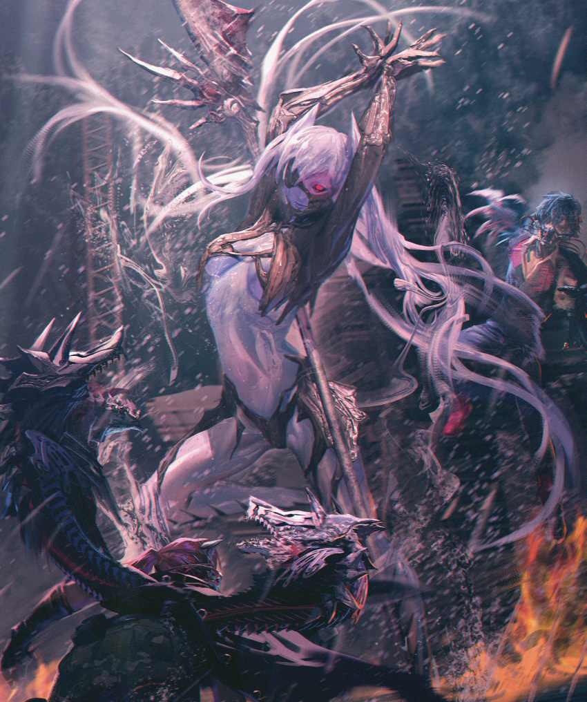 1boy 1girl armor bikini_armor blue_hair breasts character_request claws closed_mouth code_vein fire glowing glowing_eyes halberd hands_up highres looking_at_viewer mask medium_breasts monster mouth_mask polearm purple_skin red_eyes standing standing_on_one_leg tagme tomono_rui weapon