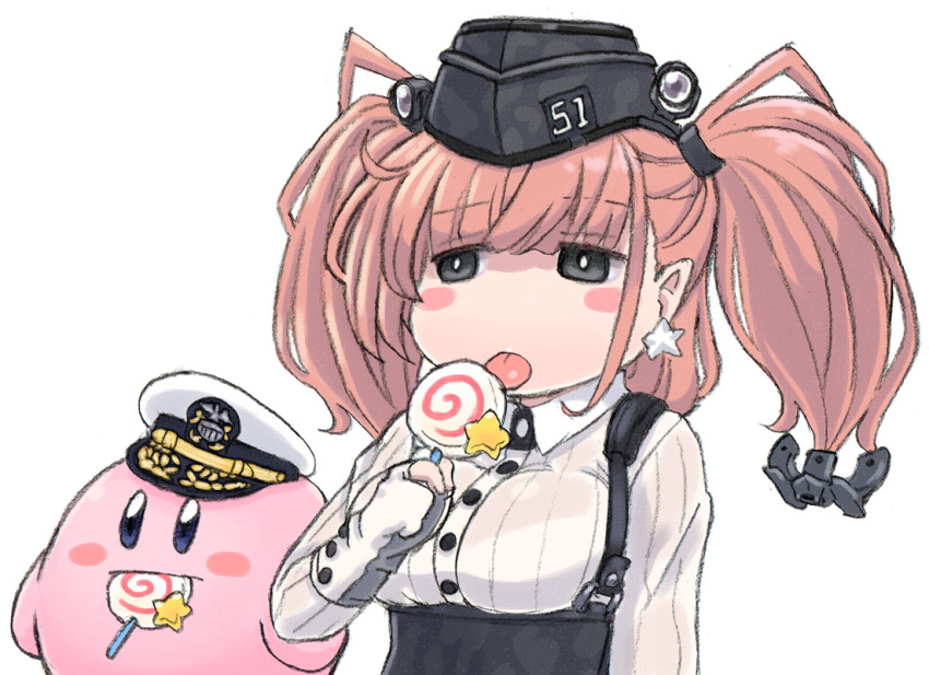 1girl anchor_hair_ornament atlanta_(kantai_collection) bangs black_eyes blush blush_stickers breasts brown_hair candy crossover earrings eyebrows_visible_through_hair food fukidamari_no_peke garrison_cap gloves hair_ornament hat headgear high-waist_skirt holding holding_candy holding_lollipop invincible_candy jewelry kantai_collection kirby kirby_(series) licking lollipop long_hair long_sleeves mouth_hold partly_fingerless_gloves simple_background single_earring skirt star star_earrings tongue twintails white_background