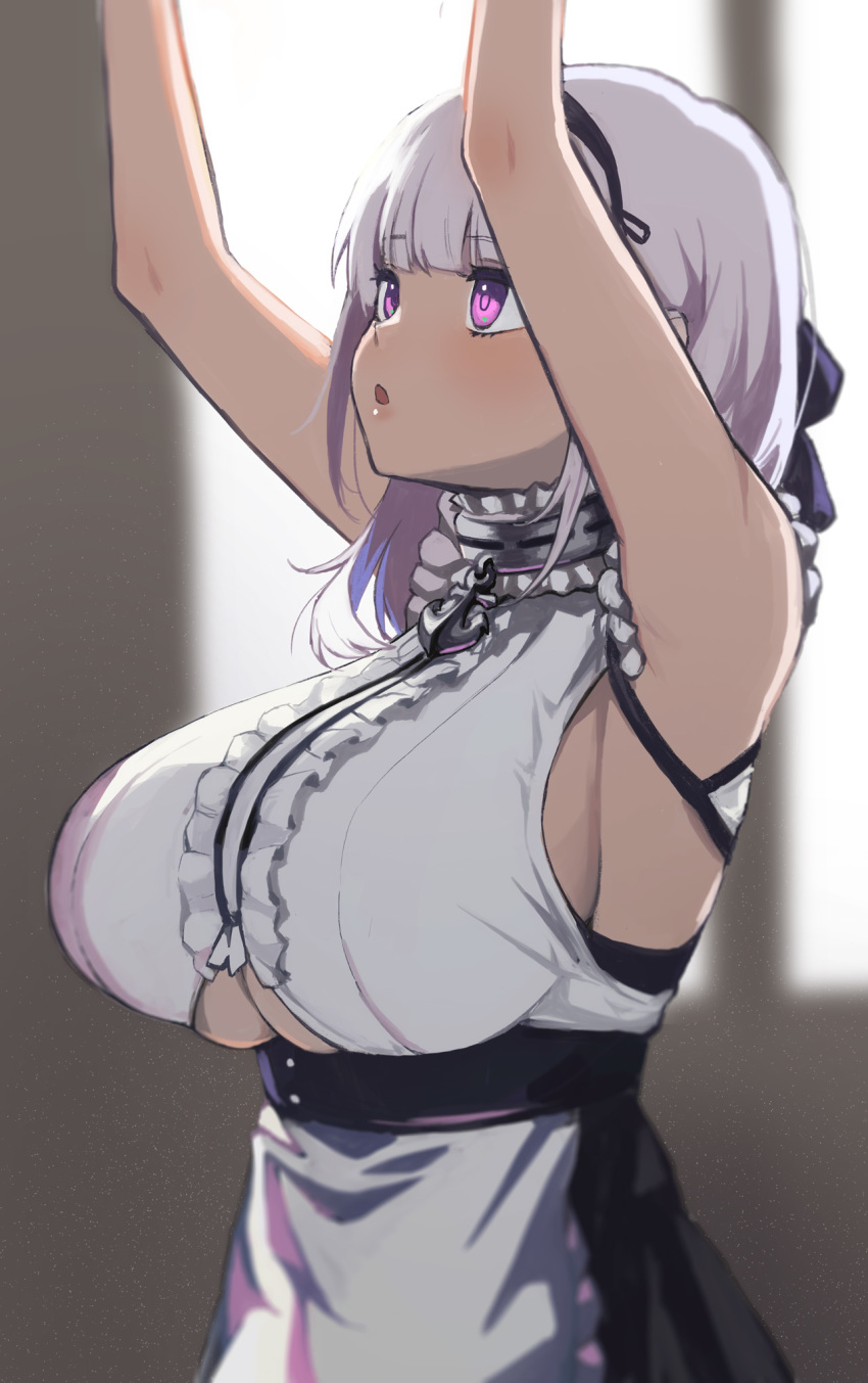 1girl :o anchor apron armpits arms_up azur_lane bangs black_hairband black_skirt blunt_bangs blurry breasts center_frills collar depth_of_field dido_(azur_lane) eyebrows_visible_through_hair frilled_shirt frills geso_smith hairband high-waist_skirt highres large_breasts open_mouth shirt short_hair silver_hair skirt sleeveless sleeveless_shirt solo under_boob underboob_cutout upper_body violet_eyes waist_apron white_apron white_shirt