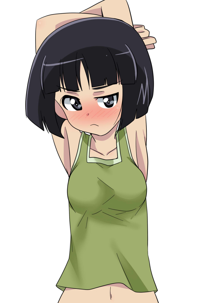 1girl armpits arms_behind_head arms_up bangs black_eyes black_hair blunt_bangs blunt_ends blush bob_cut breasts closed_mouth commentary embarrassed frown girls_und_panzer green_shirt half-closed_eye highres looking_at_viewer medium_breasts navel ooarai_military_uniform shirt short_hair simple_background solo sono_midoriko tank_top upper_body wakku_kan white_background