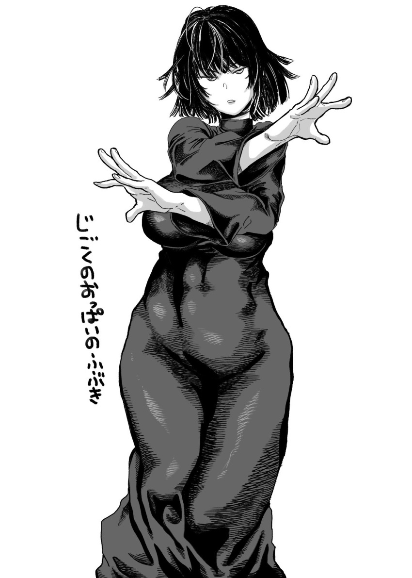 1girl black_dress covered_navel dress fubuki_(one-punch_man) highres monochrome one-punch_man short_hair solo taut_clothes taut_dress
