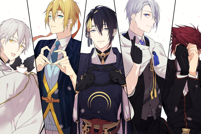 5boys :p absurdres aqua_eyes black_gloves black_hair blonde_hair blue_eyes cape coma_(macaron) finger_heart gloves headband heart heart_hands highres japanese_clothes kiwame_(touken_ranbu) male_focus mikazuki_munechika multiple_boys necktie ookanehira_(touken_ranbu) partly_fingerless_gloves redhead sayagata single_glove smile tassel tongue tongue_out touken_ranbu tsurumaru_kuninaga white_hair yamanbagiri_chougi yamanbagiri_kunihiro yellow_eyes