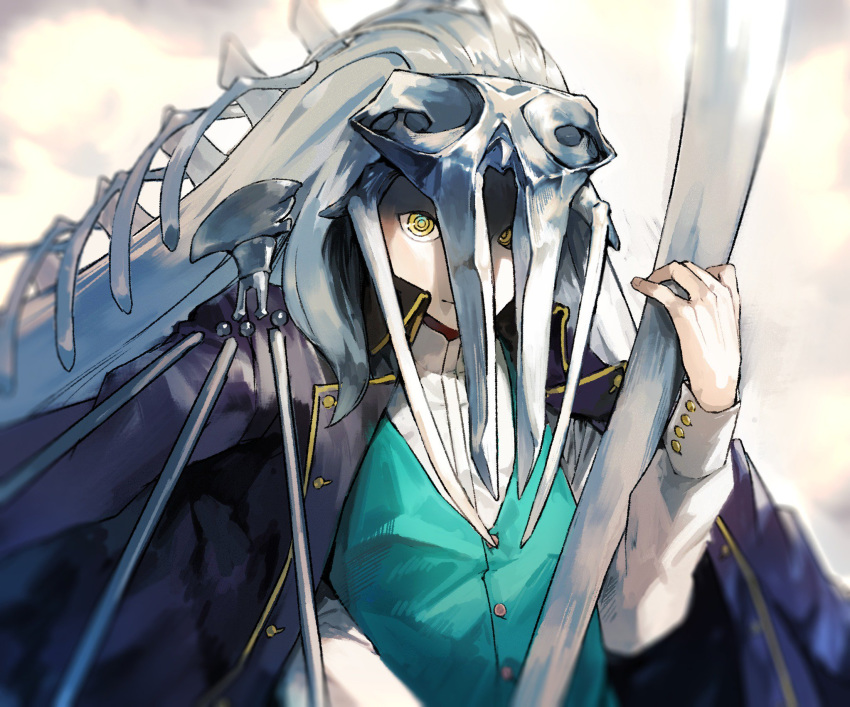 1boy aynoh blue_jacket bone borrowed_character closed_mouth fingernails grey_hair helmet highres holding holding_bone jacket jacket_on_shoulders long_hair male_focus original ribs shaded_face skull solo spine upper_body yellow_eyes