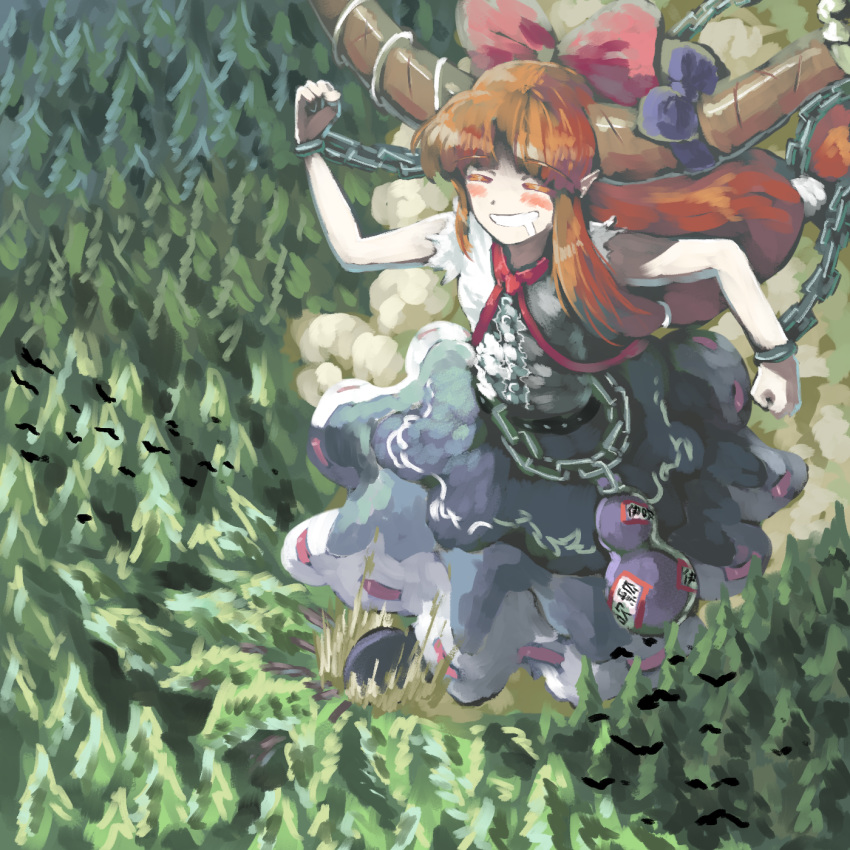 1girl belt black_belt blurry blush bow chain clenched_hands closed_eyes cuffs depth_of_field ears eyebrows eyebrows_visible_through_hair forest full_body giant hair_ribbon handcuffs happy highres horn_ribbon horns ibuki_suika layered_clothing layered_skirt long_hair nature neck_ribbon neckwear oni open_mouth orange_hair pointy_ears purple_bow purple_ribbon purple_skirt red_bow red_neckwear red_ribbon ribbon ribbon-trimmed_skirt ribbon_trim running shirt skirt sleeveless sleeveless_shirt solo sunyup torn_clothes torn_sleeves touhou tree very_long_hair white_shirt