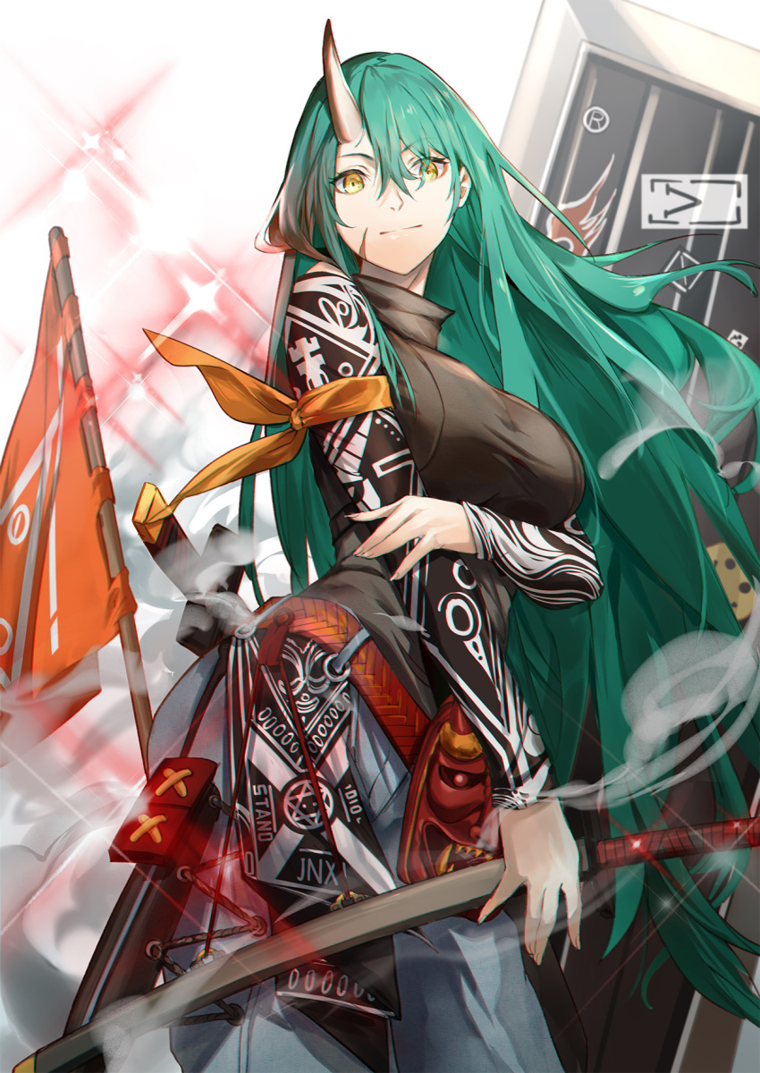 1girl arknights arm_ribbon arm_scarf bangs belt_buckle bk201 breasts buckle closed_mouth flag green_hair hair_between_eyes highres horn horns hoshiguma_(arknights) large_breasts long_hair oni_horn oni_horns ribbon shield skin-covered_horns smile standing sword weapon yellow_eyes