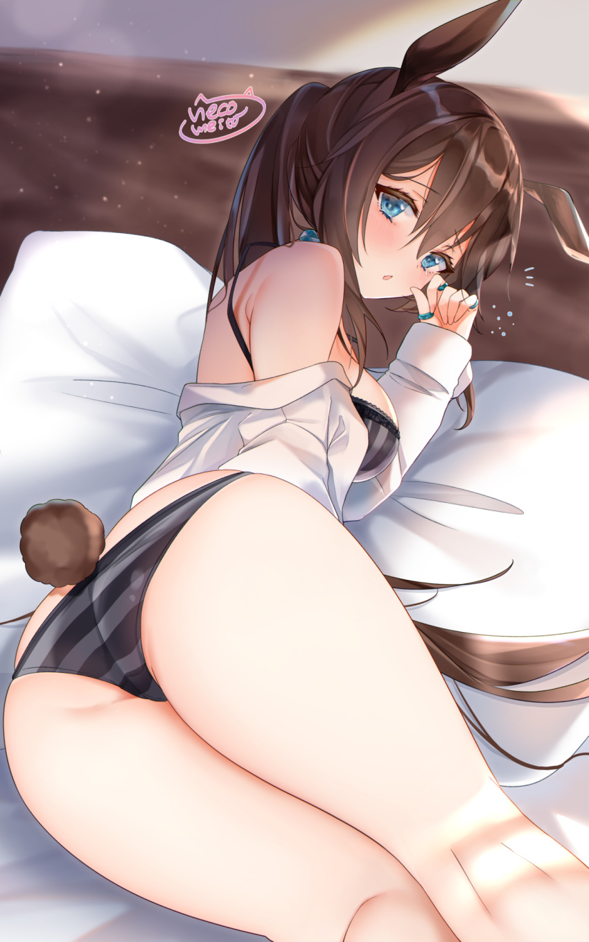 1girl amiya_(arknights) animal_ears arknights ass bangs blue_eyes blush bra breasts brown_hair bunny_tail choker commentary_request hair_between_eyes highres long_hair long_sleeves looking_at_viewer lying meito_harmren multiple_rings on_bed on_side panties rabbit_ears shirt sidelocks solo striped striped_panties tail thighs thumb_ring underwear very_long_hair white_shirt
