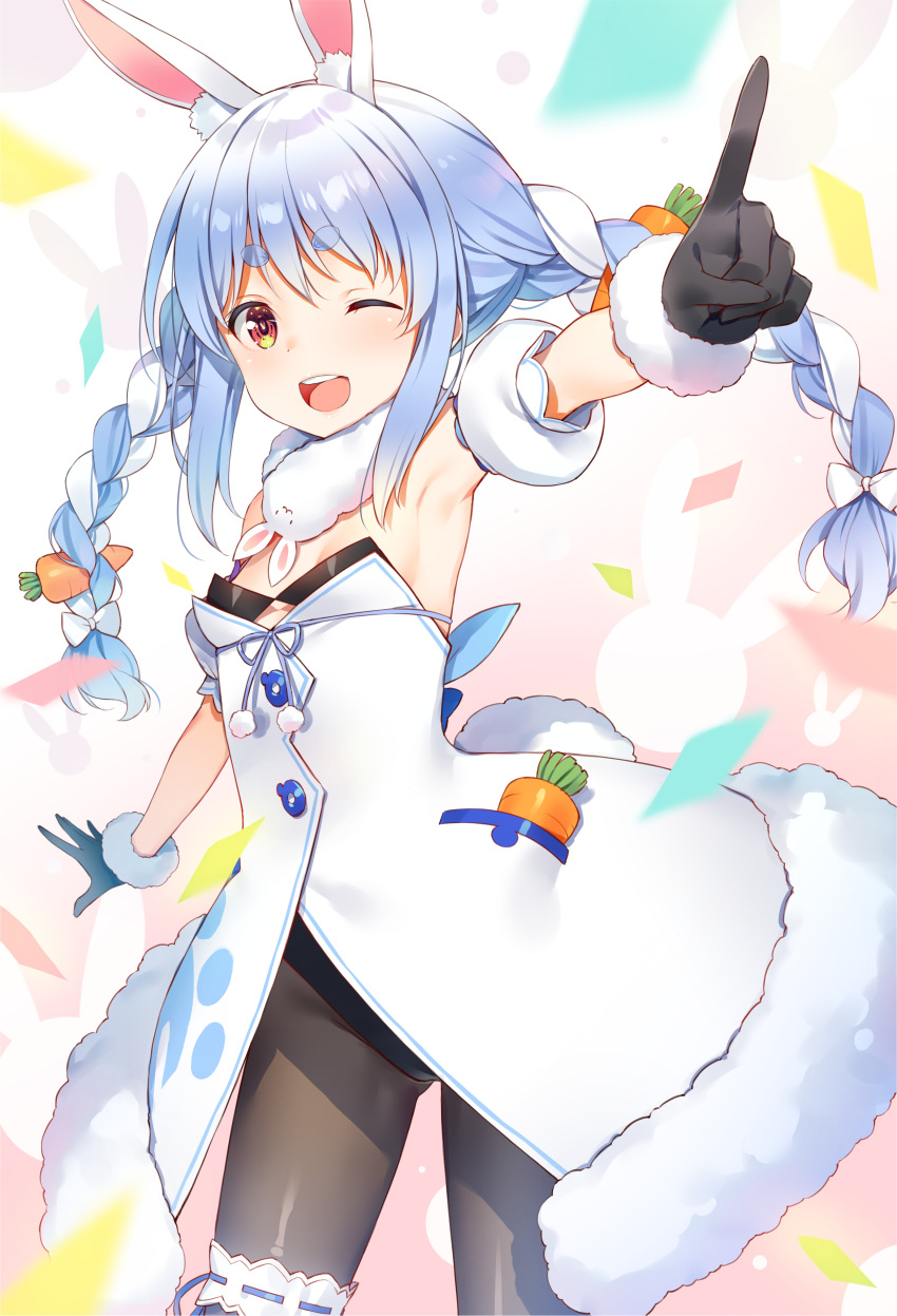 1girl ;d absurdres animal_ear_fluff animal_ears armpits bare_shoulders black_gloves black_leotard blue_hair bow braid brown_legwear bunny_girl bunny_tail carrot_hair_ornament cowboy_shot detached_sleeves dress extra_ears food_themed_hair_ornament fur_collar fur_trim gloves hair_bow hair_ornament highres hololive leg_garter leotard leotard_under_clothes long_hair looking_at_viewer one_eye_closed open_mouth orange_eyes outstretched_arm pantyhose rabbit_ears sidelocks smile solo strapless tail thick_eyebrows twin_braids twintails usada_pekora virtual_youtuber white_dress yuuki_hagure