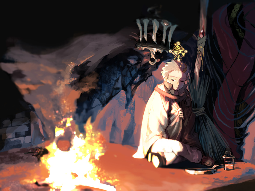 1boy aynoh blonde_hair bottle braid broom cage campfire closed_mouth fire floating frying_pan gem grey_hair hair_slicked_back half-closed_eyes highres jewelry liquid male_focus multicolored multicolored_hair necklace night pixiv_fantasia pixiv_fantasia_age_of_starlight potion red_eyes sitting sleeping