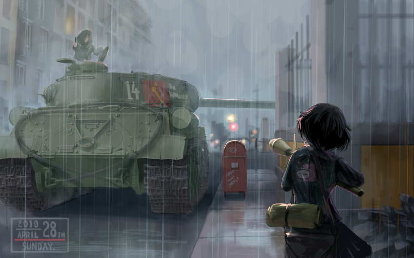 1girl 1other akiyama_yukari anglerfish bag bangs blue_jacket brown_hair building commentary emblem english_text from_behind german_commentary german_text girls_und_panzer ground_vehicle highres holding holding_weapon is-2 jacket long_sleeves looking_at_another messy_hair military military_vehicle motor_vehicle night ooarai_military_uniform outdoors panzerfaust pravda_(emblem) rain raincoat road russian_text satchel short_hair standing street tank traffic_light translated useless weapon