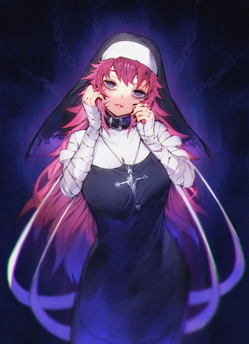 1girl @_@ absurdres bandaged_arm bandages black_collar black_nails chain collar cross cross_necklace fingernails grey_eyes highres jewelry long_hair necklace nun original parted_lips pink_lips purple_hair solo takeno_(hashi_falcon) torn_clothes