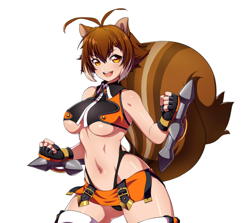 1girl animal_ears bare_shoulders black_gloves blazblue breasts brown_hair commentary fingerless_gloves gloves highres large_breasts looking_at_viewer makoto_nanaya open_mouth short_hair skirt smile squirrel_ears squirrel_girl squirrel_tail tail thigh-highs under_boob video_game weapon zeshgolden