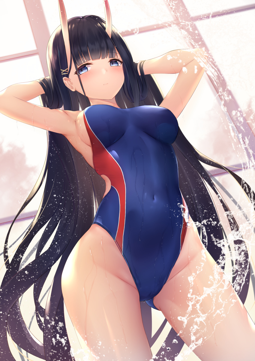1girl armpits arms_behind_head arms_up ass_visible_through_thighs azur_lane bangs bare_hips black_hair blue_eyes blue_swimsuit blunt_bangs blush breasts closed_mouth commentary_request competition_swimsuit covered_navel eyebrows_visible_through_hair filings_(ailuo_c) groin hair_ornament hairclip highleg highleg_swimsuit highres indoors medium_breasts noshiro_(azur_lane) one-piece_swimsuit oni_horns revision skin_tight solo swimsuit thighs water window x_hair_ornament