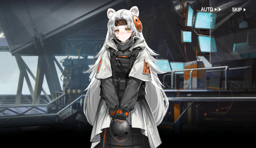 1girl animal_ears arknights armor bandaid bangs dishwasher1910 fingerless_gloves frown gloves headband highres holding holding_mask indoors long_hair long_sleeves looking_at_viewer mask mask_on_head mask_removed monitor orange_eyes parted_bangs reunion_soldier_(arknights)_(dishwasher1910) sanpaku short_over_long_sleeves short_sleeves silver_hair solo standing v_arms very_long_hair vest