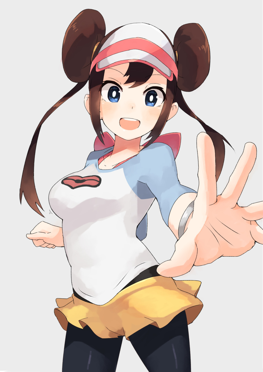 1girl absurdres black_legwear blue_eyes blush bow breasts brown_hair double_bun highres katsu_(katsupainter) long_hair looking_at_viewer mei_(pokemon) open_mouth pantyhose pink_bow pokemon pokemon_(game) pokemon_bw2 raglan_sleeves simple_background smile solo twintails very_long_hair visor_cap