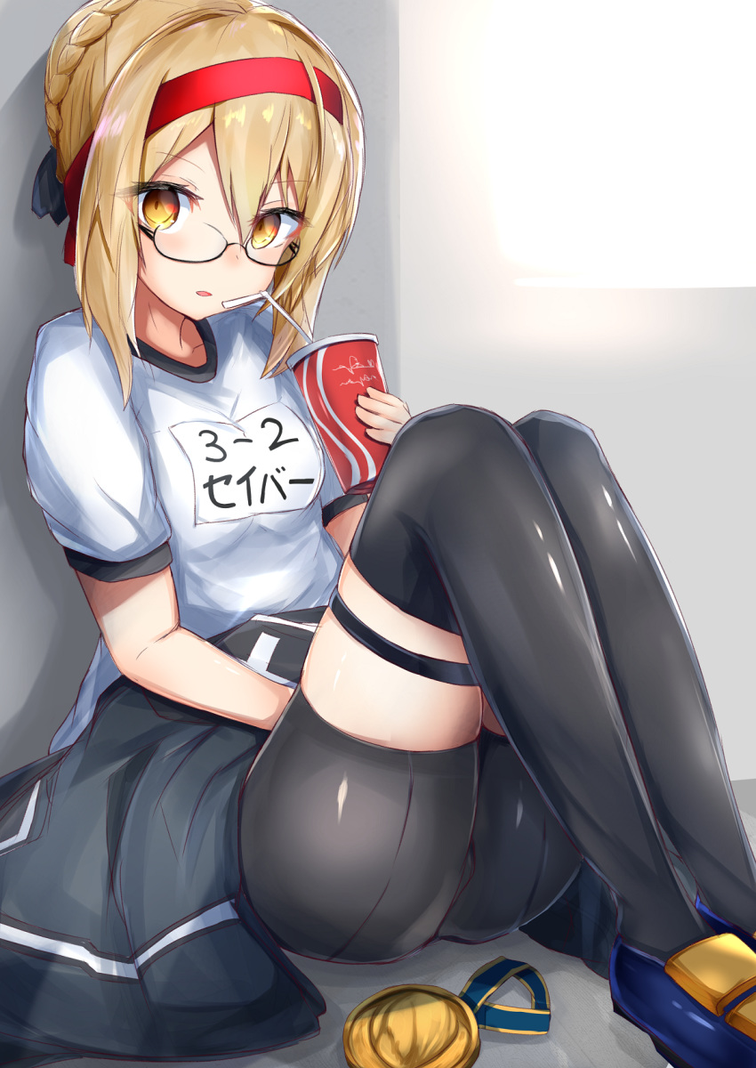 1girl artoria_pendragon_(all) ass bangs bike_shorts black-framed_eyewear black_jacket black_legwear black_ribbon black_shorts blonde_hair blue_footwear blush braid breasts cup disposable_cup drinking_straw fate/grand_order fate_(series) french_braid glasses gym_shirt hair_between_eyes hair_bun hair_ribbon hairband highres jacket jacket_removed knees_up looking_at_viewer medal medium_breasts mysterious_heroine_x_(alter) name_tag nanakaku open_mouth ribbon semi-rimless_eyewear shirt short_sleeves shorts sidelocks sitting thighs under-rim_eyewear white_shirt yellow_eyes