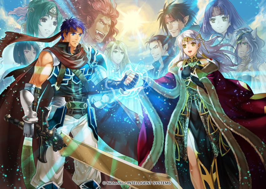 1girl 4girls 6+boys :d armor bangle bare_shoulders black_dress black_gloves blue_eyes blue_hair book book_hug bracelet bridal_gauntlets circlet copyright_name crown dress elbow_gloves elincia_ridell_crimea fingerless_gloves fire_emblem fire_emblem:_radiant_dawn fire_emblem_cipher gauntlets gloves half_updo holding holding_book ike_(fire_emblem) jewelry kita_senri kurthnaga_(fire_emblem) long_hair looking_at_another micaiah_(fire_emblem) multiple_boys multiple_girls naesala_(fire_emblem) nailah_(fire_emblem) official_art open_mouth ragnell sanaki_kirsch_altina shoulder_armor side_slit silver_hair skrimir_(fire_emblem) sleeveless sleeveless_dress smile sword tibarn_(fire_emblem) weapon yellow_eyes