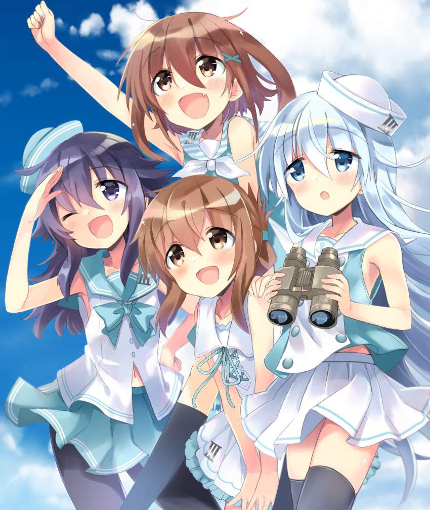 4girls absurdres akatsuki_(kantai_collection) arm_up armpit_crease armpits binoculars black_hair blue_eyes blue_headwear blue_sky blush brown_eyes brown_hair casual clouds collarbone commentary_request cowboy_shot day dixie_cup_hat dress eyebrows_visible_through_hair fang folded_ponytail hair_between_eyes hat hibiki_(kantai_collection) highres hizuki_yayoi ikazuchi_(kantai_collection) inazuma_(kantai_collection) kantai_collection long_hair military_hat multiple_girls navel one_eye_closed open_mouth outdoors pleated_skirt sailor_collar sailor_shirt shirt short_hair silver_hair skirt sky sleeveless sleeveless_dress smile violet_eyes white_headwear white_skirt