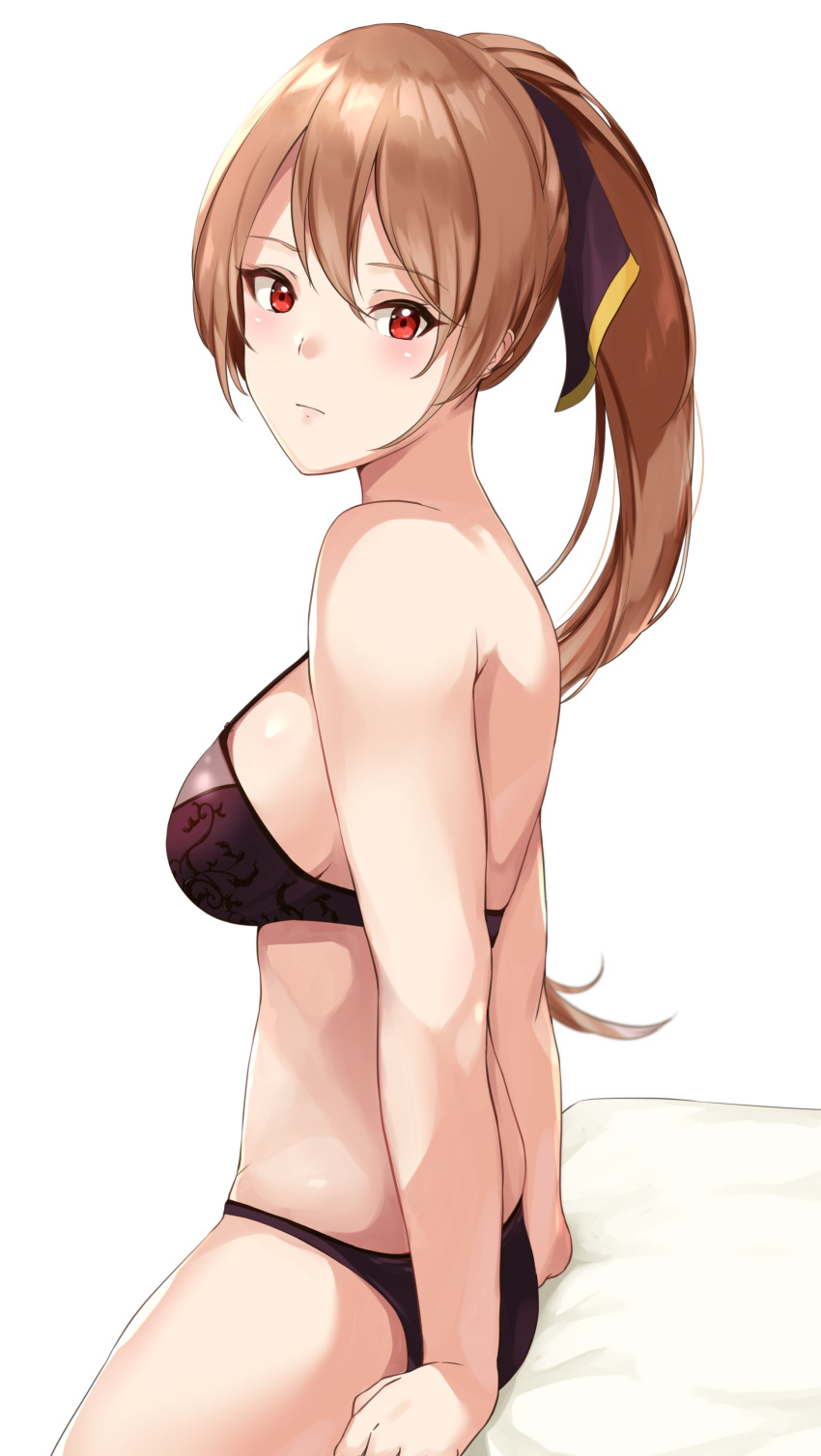 1girl absurdres arms_at_sides ass azur_lane bangs bare_shoulders bed_sheet bikini black_ribbon blush breasts brown_hair closed_mouth eyebrows_visible_through_hair from_side hair_ribbon haneramu highres jean_bart_(azur_lane) long_hair looking_at_viewer looking_to_the_side medium_breasts on_bed ponytail purple_bikini red_eyes ribbon sideboob simple_background sitting sitting_on_bed solo swimsuit thighs white_background