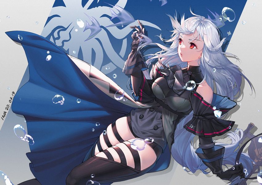 1girl air_bubble arknights artist_name ascot bare_shoulders black_gloves black_neckwear black_pants breasts bubble commentary cowboy_shot dated gloves grey_background hand_up large_breasts leggings long_hair no_hat no_headwear o3o pants red_eyes silver_hair skadi_(arknights) solo thigh_cutout thighs very_long_hair xxinainaxx