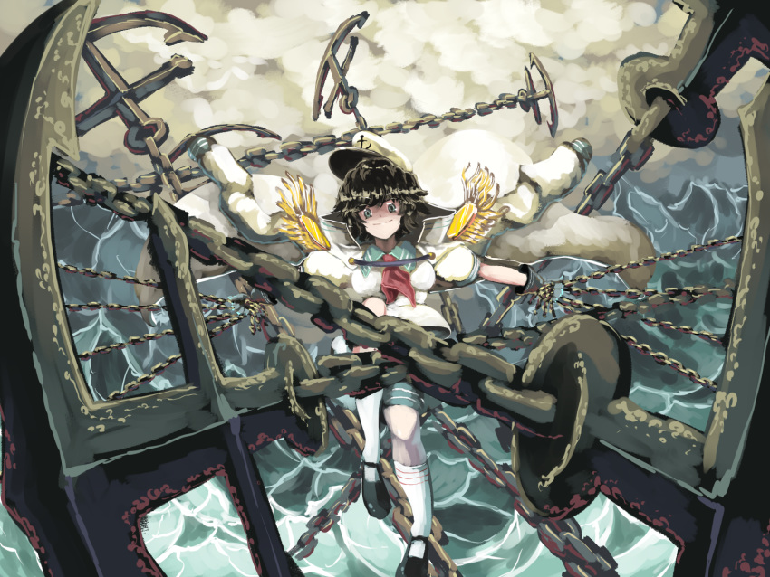 &gt;:) 1girl aiming_at_viewer anchor anchor_symbol attack bangs black_footwear black_gloves black_hair chain closed_mouth clouds coat eyebrows eyebrows_visible_through_hair floating floating_clothes full_body gloves green_collar green_eyes green_sailor_collar hat headwear highres holding leg_up looking_at_viewer mary_janes military military_coat murasa_minamitsu neckerchief neckwear open_eyes outdoors outstretched_arms puffy_short_sleeves puffy_sleeves red_neckwear sailor sailor_collar sailor_hat sailor_shirt shaded_face shirt shoes short_hair short_sleeves shorts sky smile solo spell_card sunyup symbol thigh-highs touhou v-shaped_eyebrows water waves wavy_hair weapon white_legwear white_shirt
