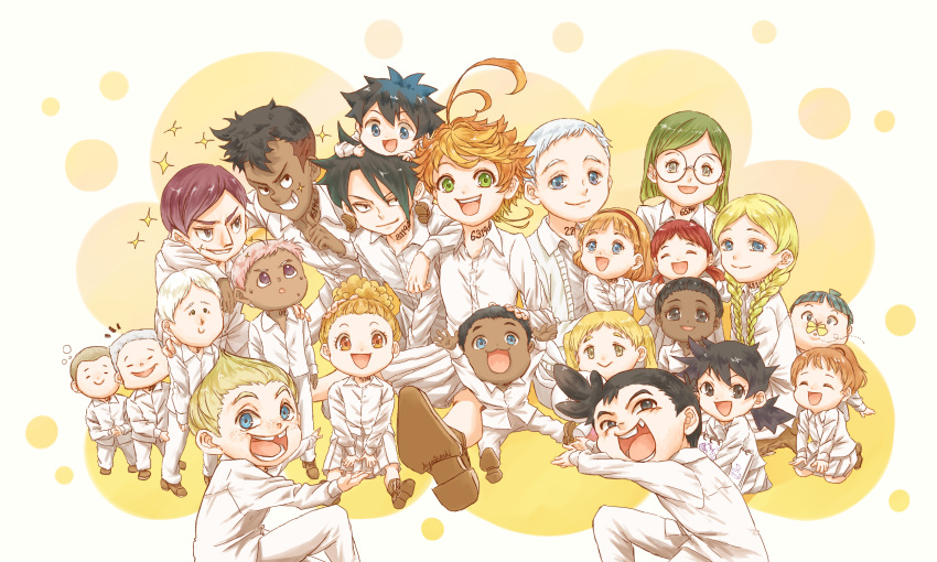 alicia_(yakusoku_no_neverland) anna_(yakusoku_no_neverland) ayks black_hair blonde_hair blue_eyes brown_eyes conny_(yakusoku_no_neverland) dark_skin dominic_(yakusoku_no_neverland) don_(yakusoku_no_neverland) emma_(yakusoku_no_neverland) gilda_(yakusoku_no_neverland) green_eyes green_hair hairband highres jemima_(yakusoku_no_neverland) mark_(yakusoku_no_neverland) marnya_(yakusoku_no_neverland) multiple_boys multiple_girls naila_(yakusoku_no_neverland) nat_(yakusoku_no_neverland) norman_(yakusoku_no_neverland) open_mouth orange_eyes orange_hair phil_(yakusoku_no_neverland) ray_(yakusoku_no_neverland) redhead rossi_(yakusoku_no_neverland) sherry_(yakusoku_no_neverland) smile thoma_(yakusoku_no_neverland) white_hair yakusoku_no_neverland yvette_(yakusoku_no_neverland)