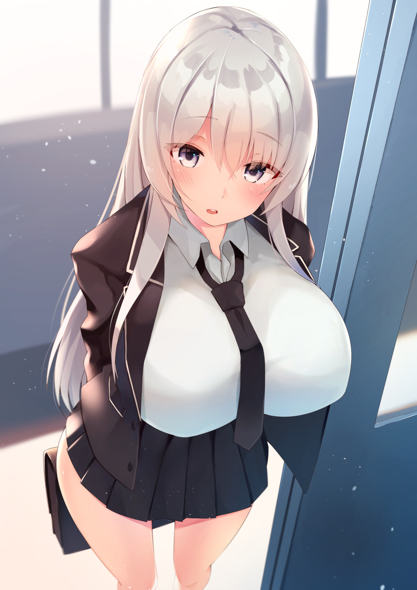 1girl absurdres azur_lane bag black_neckwear blush breasts enterprise_(azur_lane) eyebrows_visible_through_hair hair_ornament highres huge_breasts long_hair looking_at_viewer necktie open_mouth pleated_skirt school_bag school_uniform silver_hair skirt solo thighs u_ronnta uniform very_long_hair violet_eyes