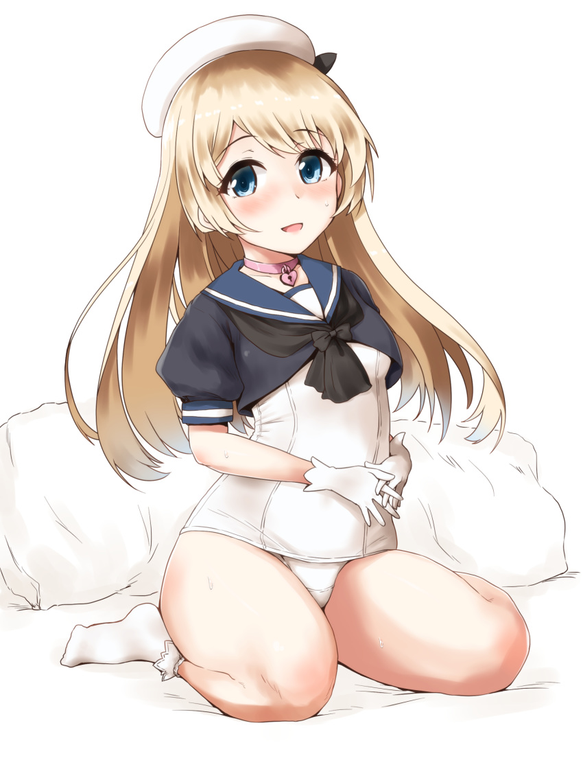 1girl black_neckwear blonde_hair blue_eyes blue_sailor_collar choker commentary_request gloves hat heart_lock_(kantai_collection) highres jervis_(kantai_collection) kantai_collection looking_at_viewer minase_(takaoka_nanase) neckerchief pillow pink_choker sailor_collar sailor_hat school_swimsuit simple_background sitting socks solo swimsuit wariza white_background white_gloves white_headwear white_legwear white_school_swimsuit white_swimsuit