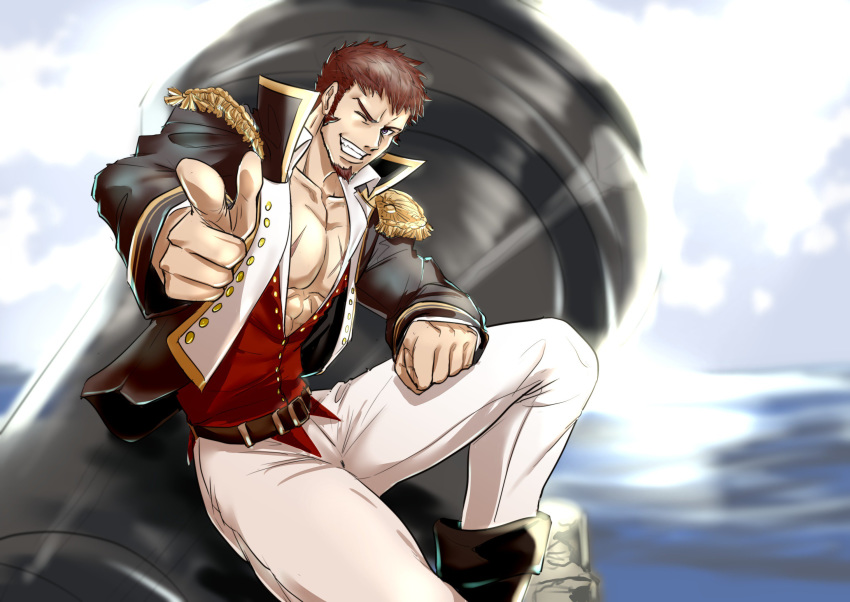 1boy abs alternate_costume beard blue_eyes brown_hair chest epaulettes facial_hair fate/grand_order fate_(series) hand_on_own_thigh highres homotoadori00 huge_weapon jacket long_sleeves looking_at_viewer male_focus military military_uniform muscle napoleon_bonaparte_(fate/grand_order) open_clothes open_jacket pectorals pointing pointing_at_viewer uniform weapon