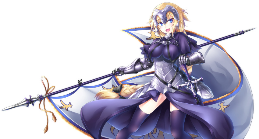 1girl armor armored_dress banner blonde_hair blue_eyes braid breasts building fate/apocrypha fate/grand_order fate_(series) faulds gauntlets headpiece highres holding jeanne_d'arc_(fate) jeanne_d'arc_(fate)_(all) large_breasts long_braid miyabi_urumi open_mouth sheath sheathed simple_background single_braid smile standard_bearer sword thigh-highs weapon white_background