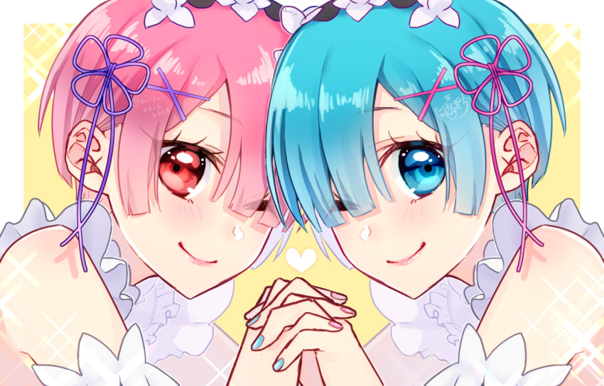 2girls blue_eyes blue_hair blue_nails bob_cut closed_mouth flower hair_flower hair_ornament hair_over_one_eye looking_at_viewer maid maid_headdress mitsu06260626 multiple_girls nail_polish one_eye_closed pink_eyes pink_hair pink_nails ram_(re:zero) re:zero_kara_hajimeru_isekai_seikatsu rem_(re:zero) siblings sisters smile sparkle twins upper_body x_hair_ornament yellow_background