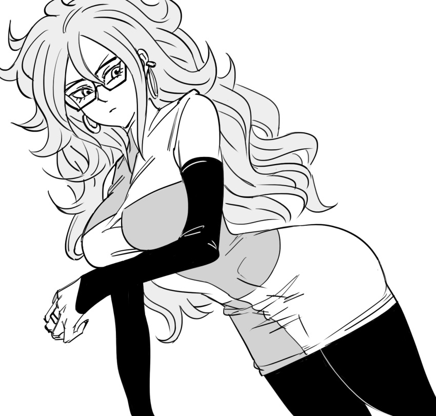1girl android_21 bb_(baalbuddy) big_hair breasts closed_mouth dragon_ball dragon_ball_super dress dutch_angle ear_piercing earrings greyscale highres hoop_earrings jewelry large_breasts long_hair long_sleeves looking_at_viewer monochrome pantyhose piercing ring short_dress short_over_long_sleeves short_sleeves simple_background solo sunglasses white_background