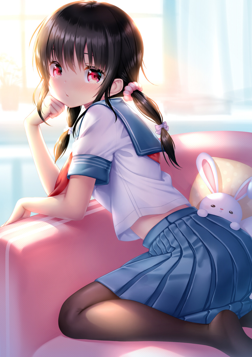 1girl bangs black_hair black_legwear blue_skirt calf couch cushion eyebrows_visible_through_hair hair_between_eyes hair_ornament hair_ribbon highres indoors kneeling looking_at_viewer medium_hair on_couch original pantyhose pillow pleated_skirt red_eyes ribbon school_uniform serafuku shirt short_sleeves skirt solo stuffed_animal stuffed_toy zizi_(zz22)