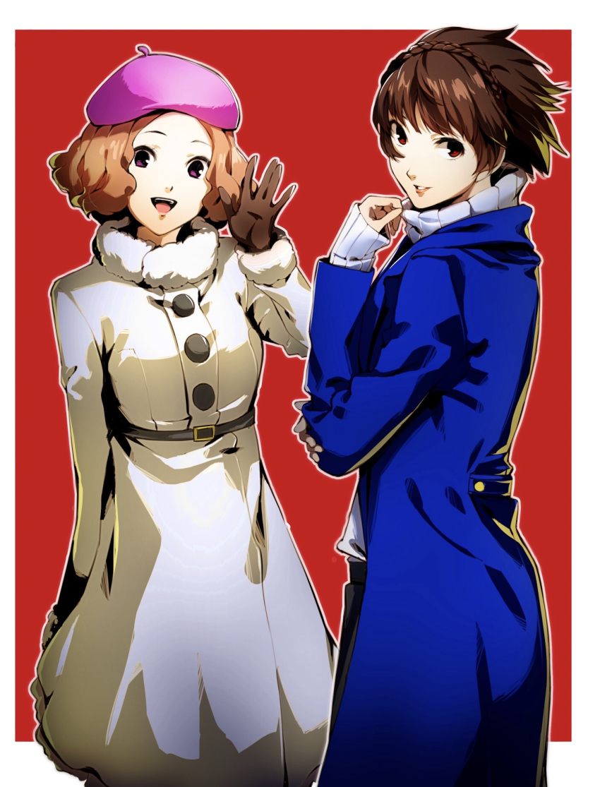 2girls beret blue_coat braid breasts brown_gloves brown_hair coat cowboy_shot crown_braid fur-trimmed_coat fur-trimmed_collar fur-trimmed_sleeves fur_trim gloves hat highres leather leather_gloves lips long_sleeves looking_at_viewer medium_breasts multiple_girls nakano_maru niijima_makoto okumura_haru open_mouth orange_hair persona persona_5 pink_headwear red_background red_eyes ribbed_sweater short_hair simple_background smile sweater turtleneck violet_eyes waving