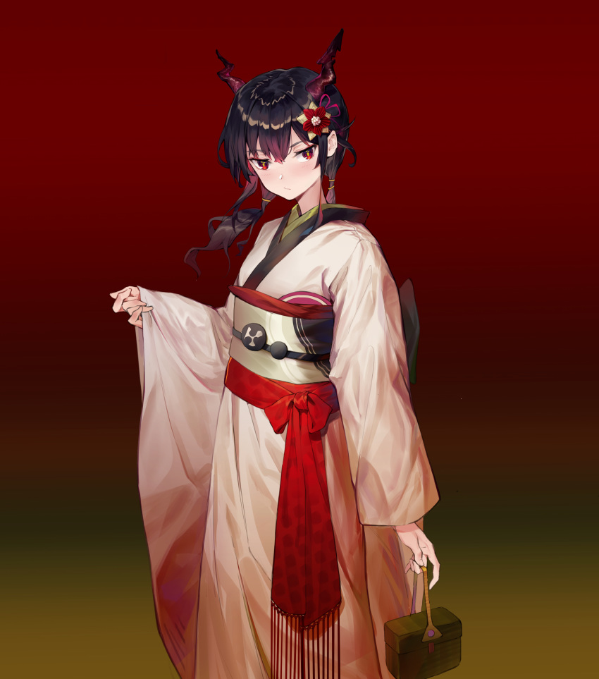 1girl absurdres arknights bangs basket blush brown_background ch'en_(arknights) cowboy_shot dragon_horns gradient gradient_background hair_between_eyes highres holding holding_basket horns japanese_clothes kimono long_hair long_sleeves looking_at_viewer low_twintails obi purple_hair qingshu red_background red_eyes sash solo standing twintails white_kimono wide_sleeves