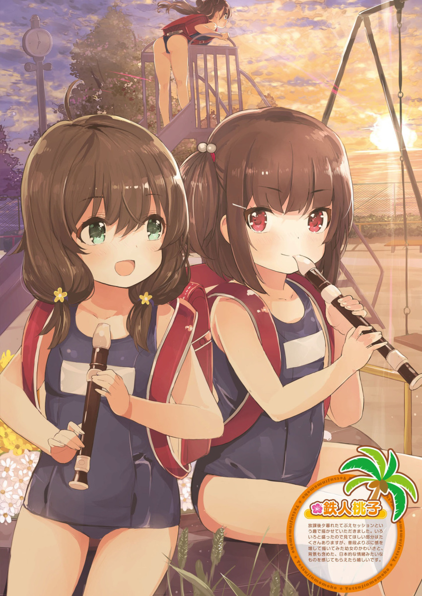 3girls ass backpack bag bent_over brown_hair clock clouds double_bun dusk evening green_eyes hair_bobbles hair_bun hair_ornament highres instrument kneepits legs long_hair low_twintails multiple_girls one-piece_swimsuit open_mouth original outdoors playground randoseru recorder red_eyes school_swimsuit short_hair side_ponytail sitting sky slide smile sun sunset swimsuit swing tetsujin_momoko thighs twintails