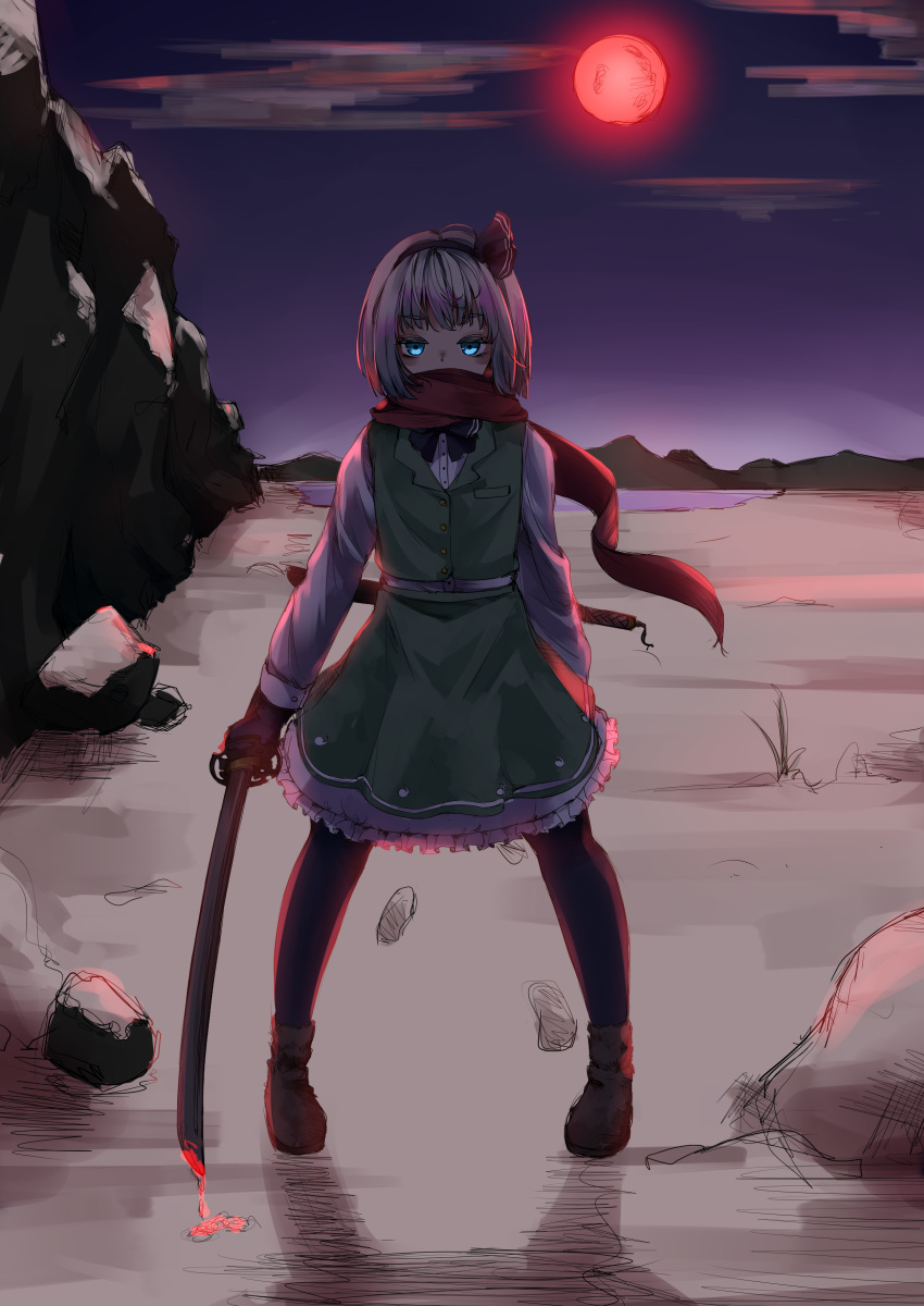 1girl absurdres ankle_boots bangs black_bow black_gloves black_hairband black_legwear blood bloody_weapon blue_eyes blunt_bangs bob_cut boots bow bowtie covered_mouth desert flat_chest full_body gloves green_skirt green_vest hairband highres holding holding_sword holding_weapon katana konpaku_youmu kourou_(kouroukun) medium_skirt moon mountainous_horizon night pantyhose petticoat pigeon-toed red_moon red_scarf scarf shirt short_hair silver_hair skirt solo standing sword touhou vest wakizashi weapon white_shirt