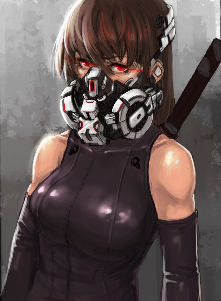 1girl bare_shoulders brown_hair collarbone covered_collarbone eyebrows_visible_through_hair hair_between_eyes highres katana lens_flare long_hair mask ninja original red_eyes sanj science_fiction solo sword tight upper_body weapon weapon_on_back