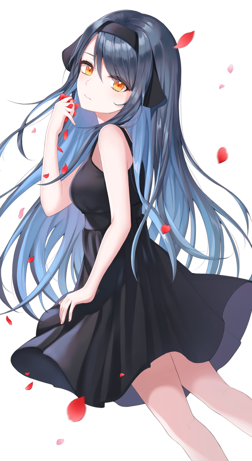 1girl absurdres bangs bare_arms bare_shoulders black_dress black_hair black_hairband commentary copyright_request dress flower hairband highres looking_at_viewer orange_eyes simple_background solo white_background yeorem