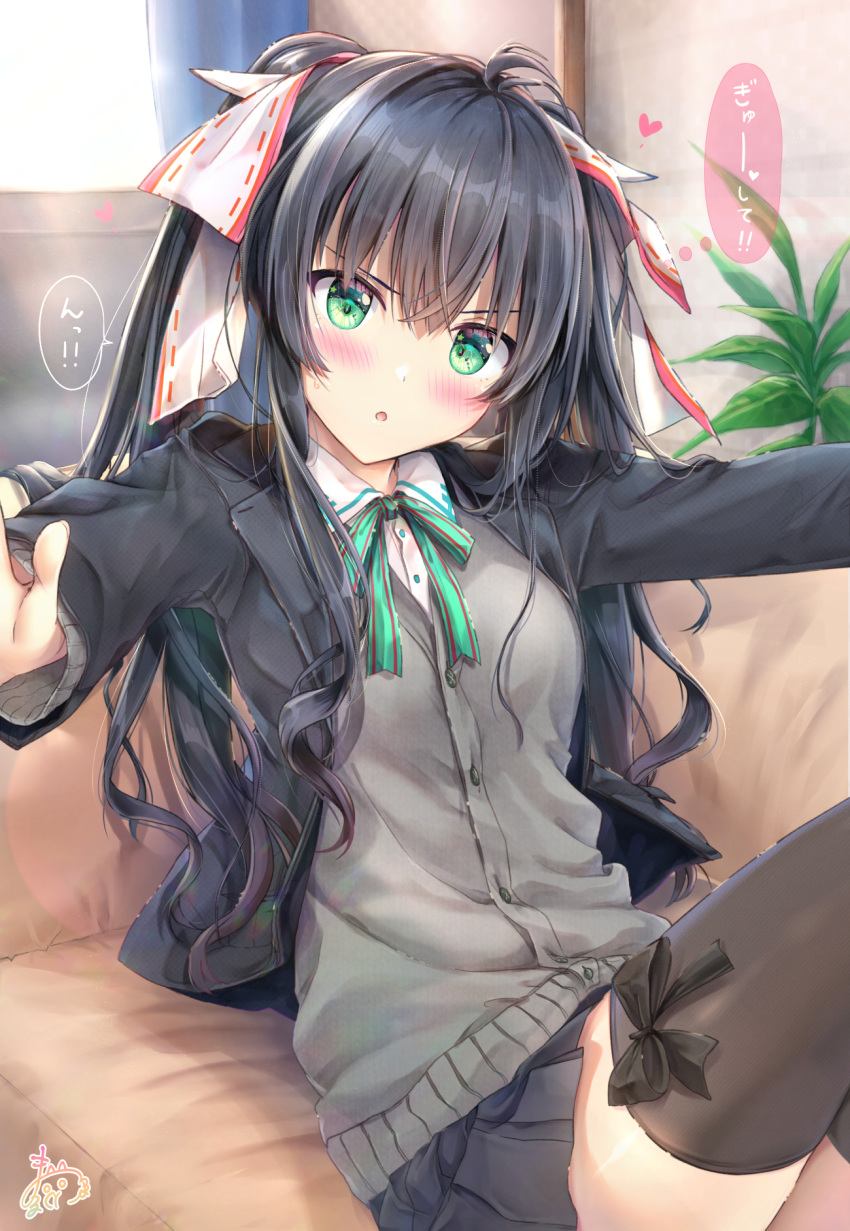 1girl :o bangs black_bow black_hair black_jacket black_skirt blazer blush bow breasts brown_legwear cardigan collared_shirt commentary_request dress_shirt eyebrows_visible_through_hair green_bow green_eyes grey_cardigan hair_between_eyes hair_ribbon heart highres indoors jacket knees_up long_hair long_sleeves looking_at_viewer maruma_(maruma_gic) open_clothes open_jacket original outstretched_arms parted_lips plant pleated_skirt ribbon school_uniform shirt sitting skirt small_breasts solo star star_in_eye symbol_in_eye thigh-highs thighs translation_request tsundere two_side_up v-shaped_eyebrows very_long_hair white_ribbon white_shirt