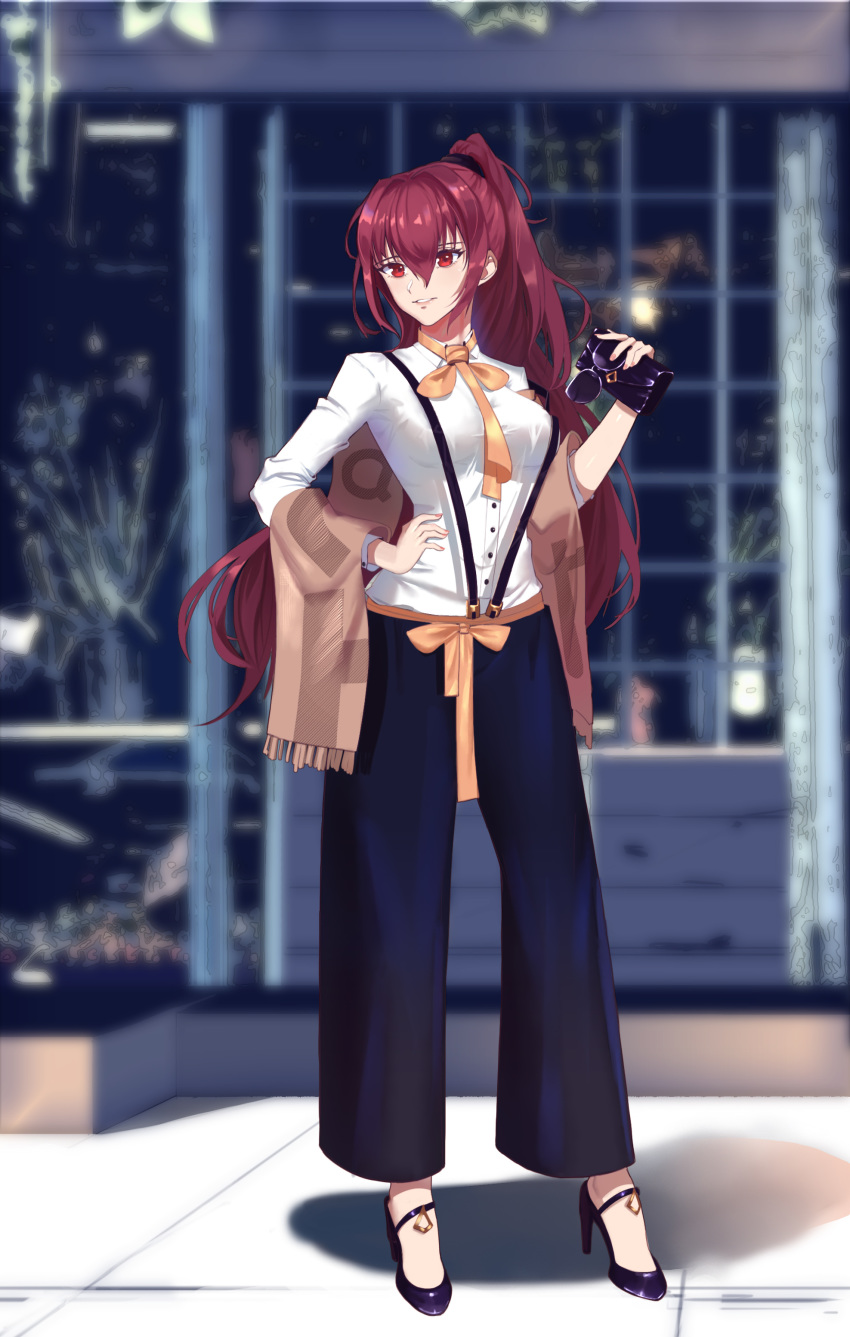 1girl absurdres alternate_costume bag buttons collared_shirt dress_shirt eyewear_removed fate/grand_order fate_(series) handbag high_heels highres long_hair long_sleeves looking_to_the_side mabuxi necktie outdoors pants parted_lips ponytail scathach_(fate)_(all) scathach_(fate/grand_order) shawl shirt sidewalk solo sunglasses suspenders white_shirt window